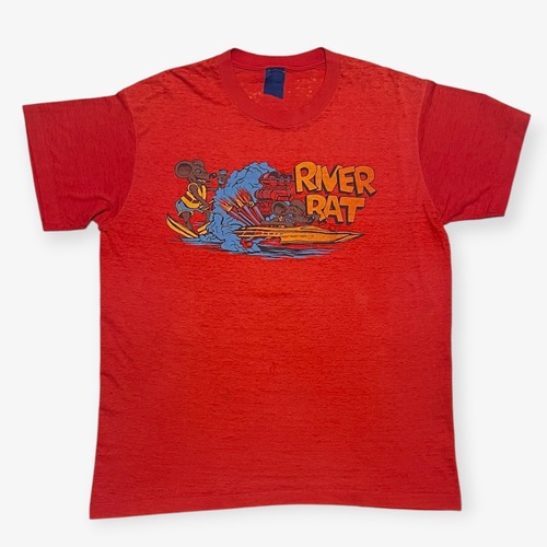 80s|NIKE|プリントTシャツ|RIVER RAT ネズミ×ボート レーシングプリント USA製 フェードレッド|コンディションボロ