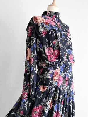 Dark Navy Botanical India Rayon Stand Collar Dress
