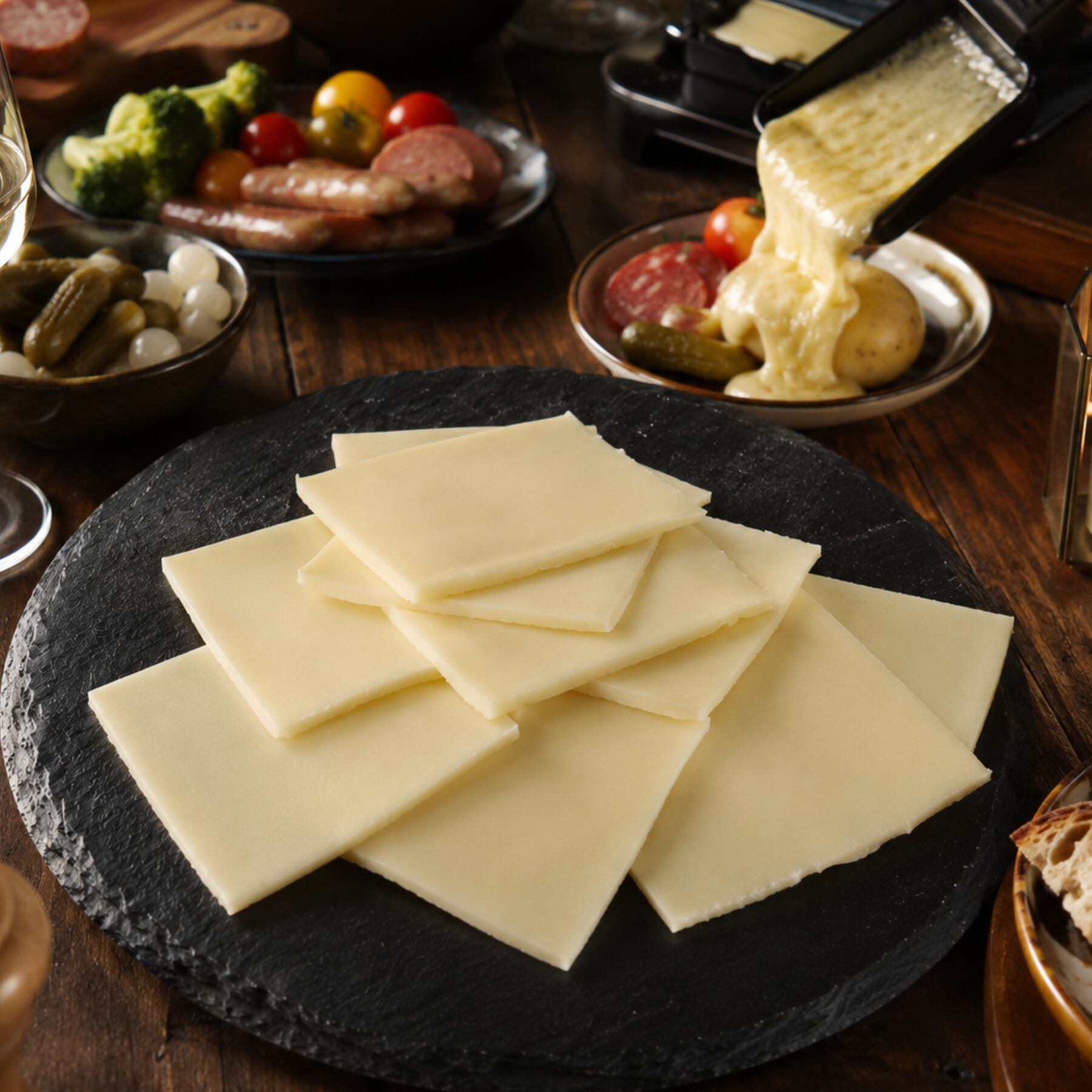 ラクレットチーズ (ルスティック) スライス 150g 皮なし フランス産 約7cm×7cm チーズフォンデュ・グリル料理に Le Rustique Raclette Cheese Slices Skinless French 7cm×7cm Great for Fondue & Grill Recipes