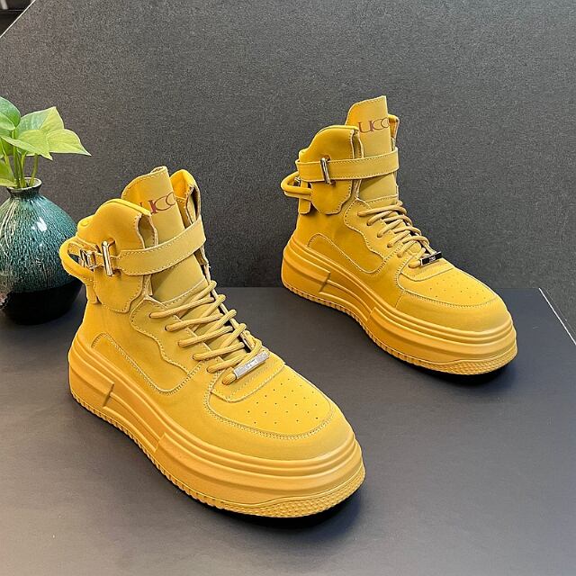 【予約販売】ブーツ スニーカー 革靴 レザーシューズ メンズ 編み上げ ホワイト キャメル ハイカット レースアップ シューズ 靴 厚底 お洒落 カジュアル シック 24cm/24.5cm/25cm/25.5cm/26cm/26.5cm