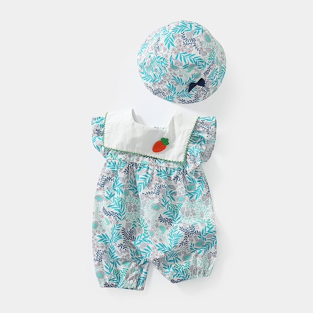 キャロット刺繍のグリーンリーフ柄ロンパース