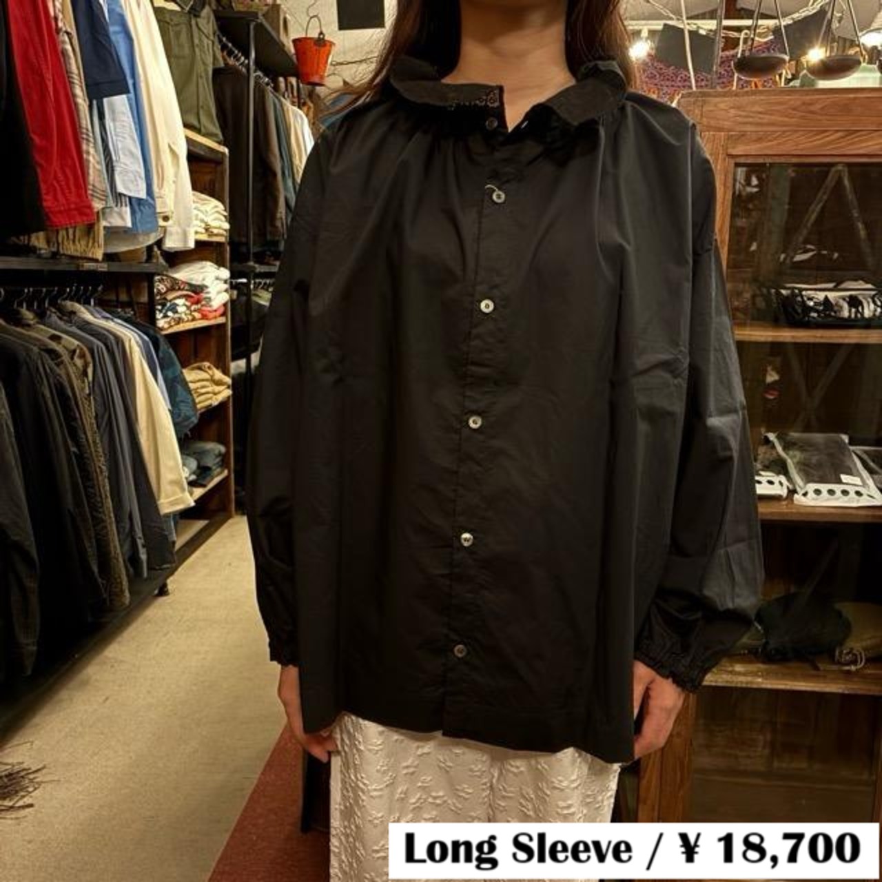 UNIVERSAL SEVEN Natural Typewriter Italian Filet Lace 2-Way Blouse, Black, Long Sleeve, Cotton, Front and Back