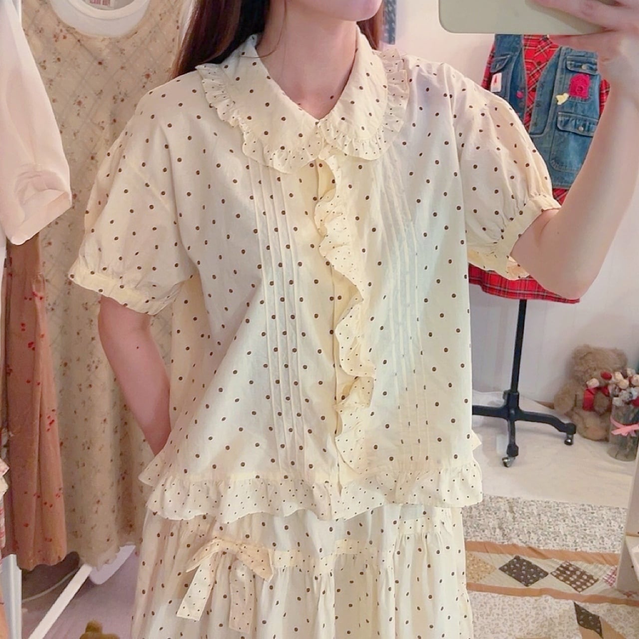 cream brown dot blouse & skirt set up
