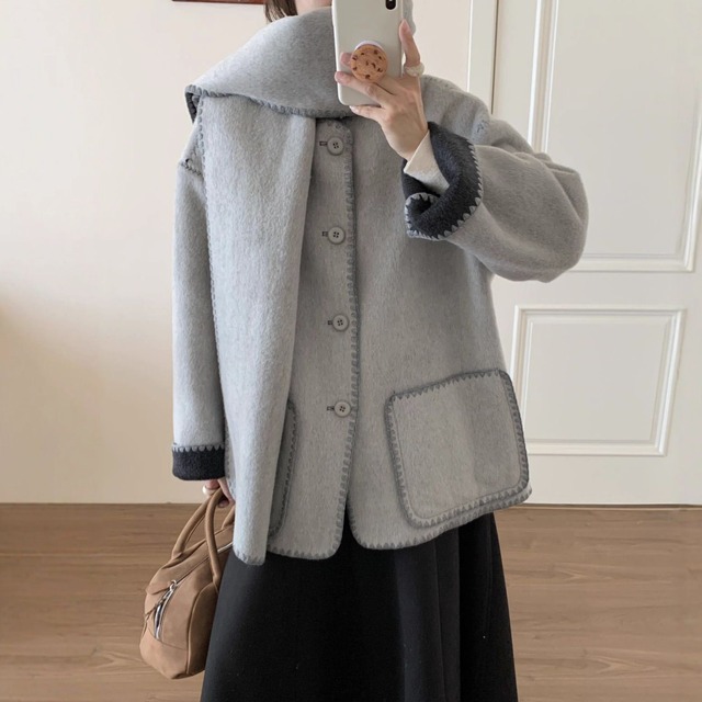 CONTRAST EDGE TRIMMED COLLARLESS JACKET COAT & SCARF 2colors M-15431