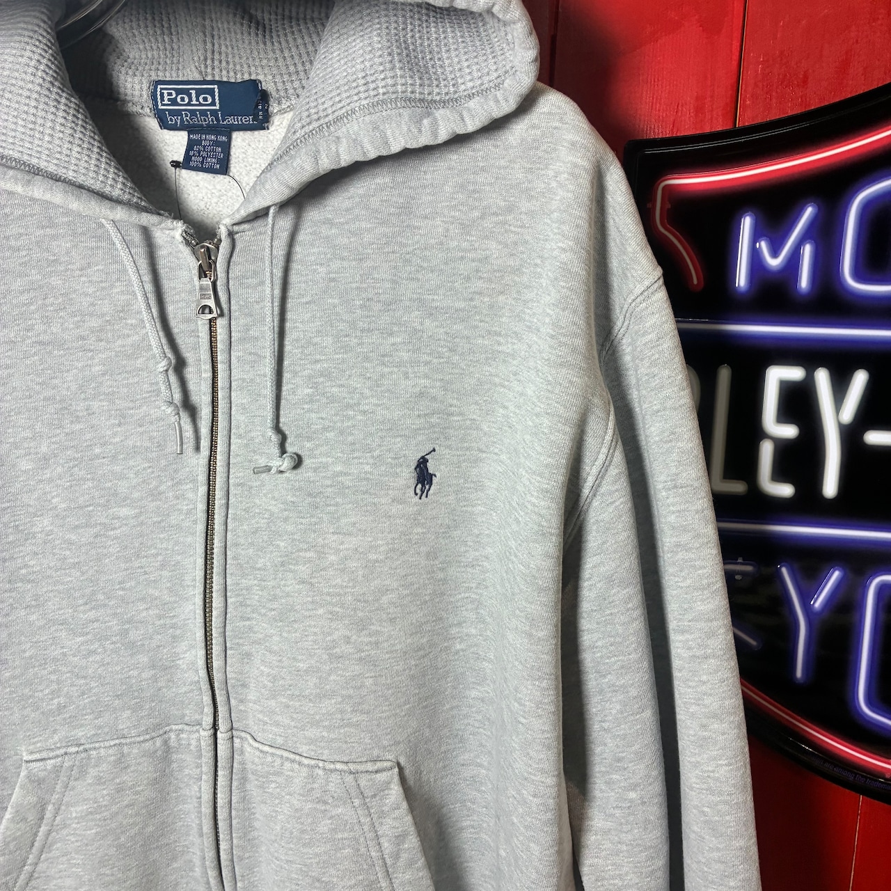 90s POLO RALPH LAUREN ジップパーカー グレー フード裏サーマル M