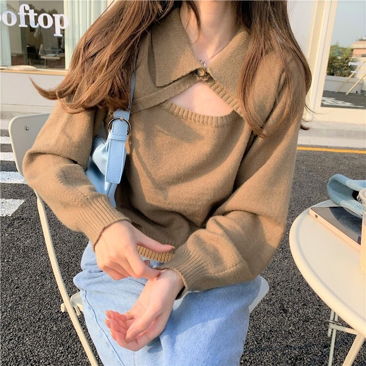 色気たっぷり 胸開き デザイン ニット トップス 襟付き 長袖 シンプル 着回し フェミニン 女っぽ 大人女子 Lamitte Deco トレンド 韓国ファッション ショップ Base店