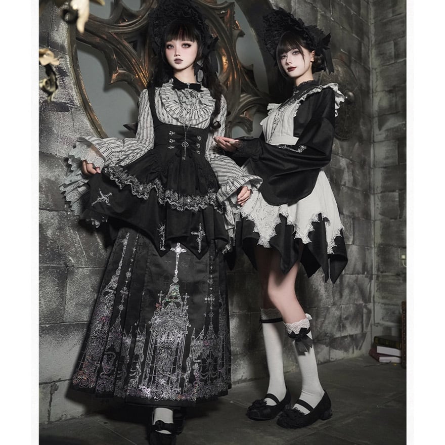 ゴスロリ 5点セット 漢洋折衷 大袖ブラウス×ロングスカート 黒白
