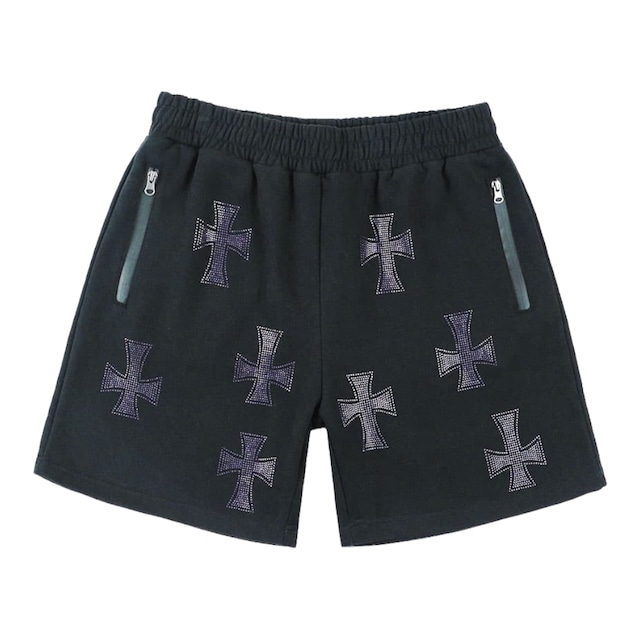 【UNKNOWN LONDON】PURPLE CROSS RHINESTONE SHORTS