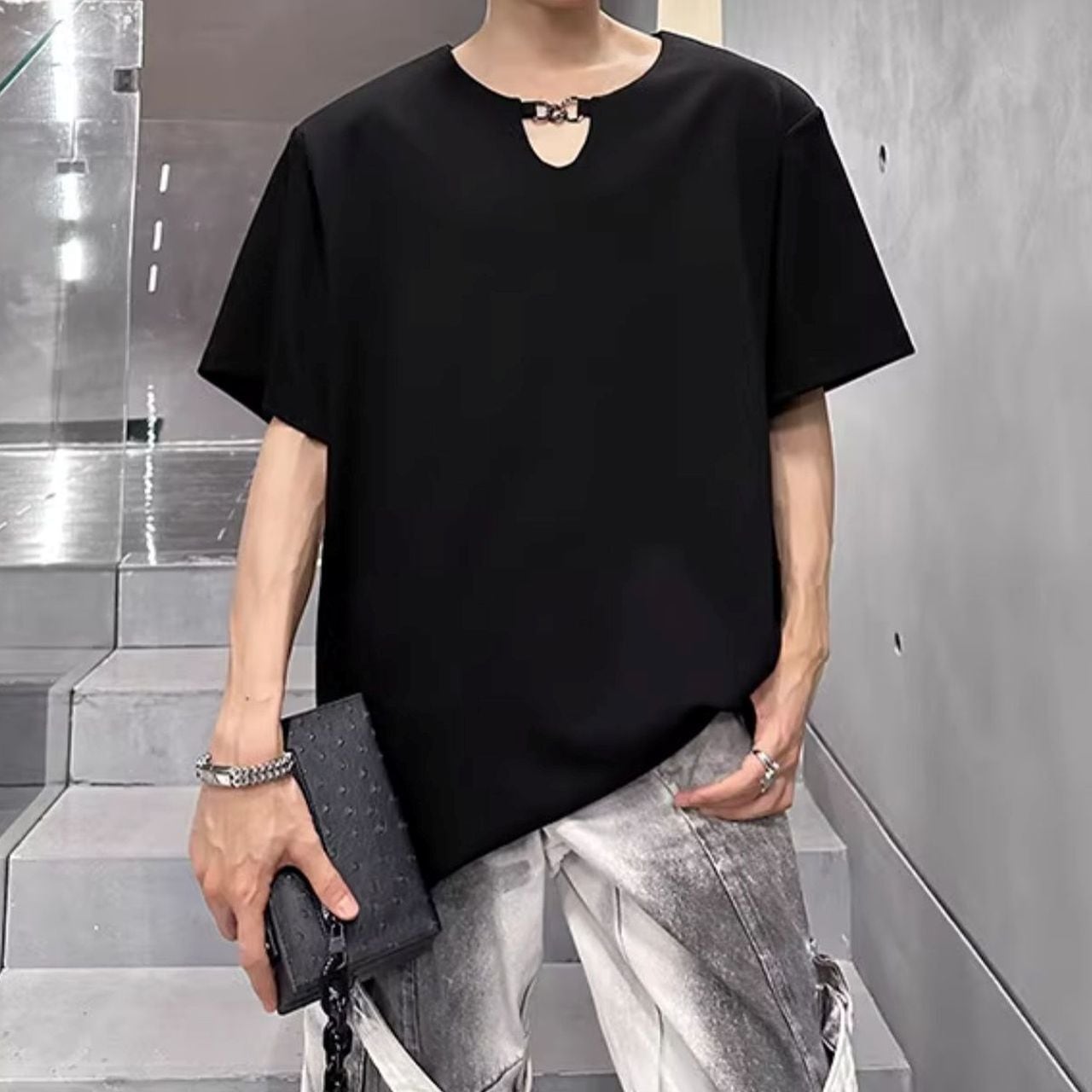 Ice Silk Short-Sleeve T-Shirt with Metal Buckle(MT1580)