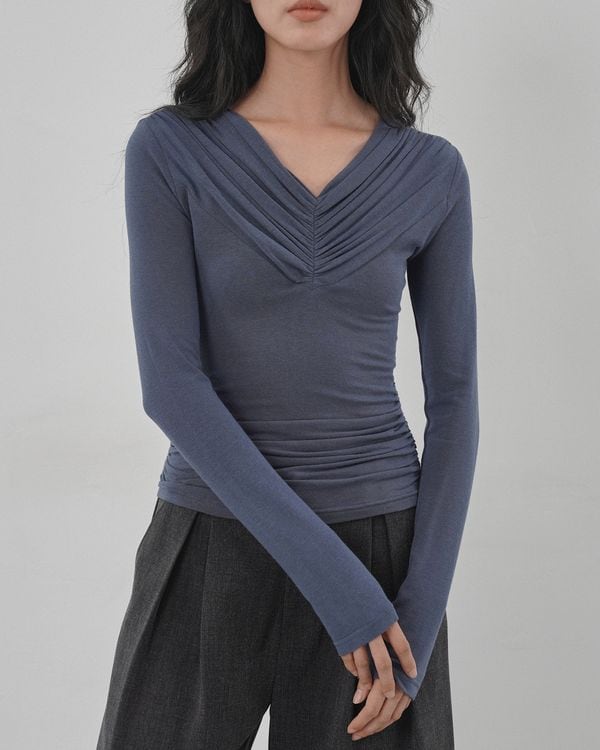 Gathered v-neck long-sleeve top ◇2color TH3669