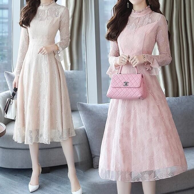 ドレス レディース dress 衣装 ワンピース 送料無料 3色 パーティードレス 二次会ドレス カラードレス ミモレ丈ドレス Aラインドレス ワンピースドレス ミモレ ミモレ丈 長袖 ハイネック スタンドカラー レース エレガント 上品 清楚 大人可愛い きれいめ おしゃれ お洒落 綺麗 お嬢様 フェミニン ナチュラル 抜け感 花柄 フラワー パーティー ベージュ ブラック ピンク 結婚式 披露宴 お呼ばれ 謝恩会 演奏会 発表会 舞台 スタジオ 20代 30代 40代 韓国 韓国系