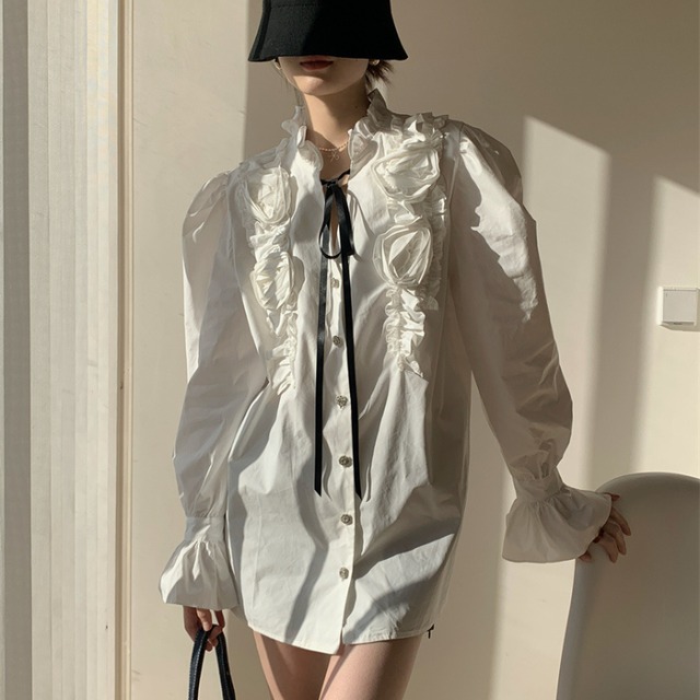 立体ローズ装飾ボリュームスリーブシャツワンピ風ブラウス R30064