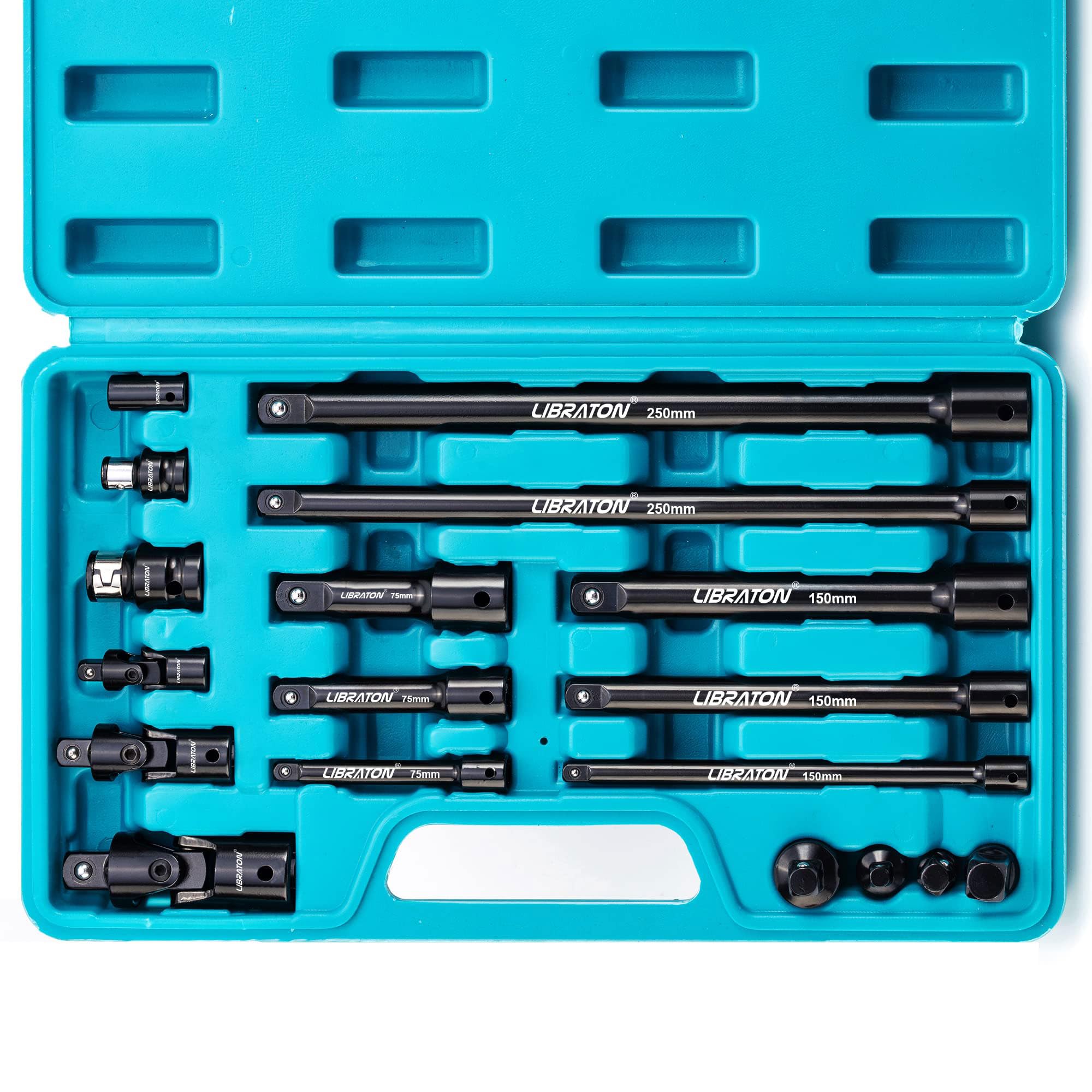 Libraton エクステンションバーセット 差込角 6.35mm 9.5mm 12.7mm ソケットアダプター ユニバーサルジョイント 全長50-250mm クロームバナジウム鋼 収納ケース付き 18点セット