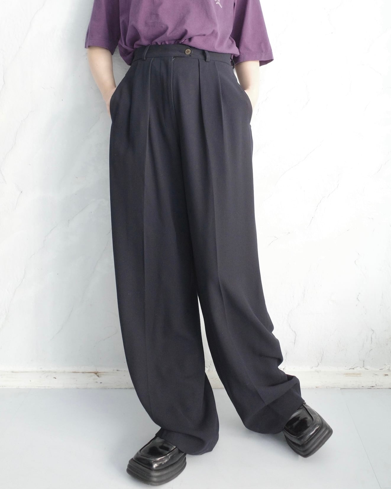 90s~ GIORGIO ARMANI ウール ドレープ ワイド スラックス 80~90s GIORGIO ARMANI】Pure Wool Dress Trousers | used.memento