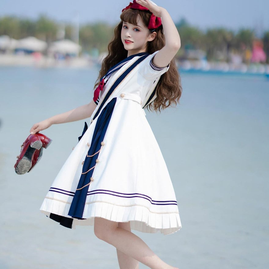 ゆめかわいい ワンピース セーラー服 マリンコーデ ふんわり ネイビー