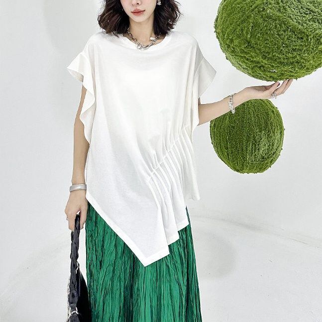 PLEATED FLUTTER DRAPE ASYM LOOSE SHORT T-SHIRT M-17168