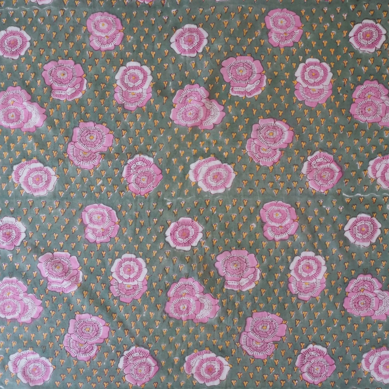 ブロックプリント生地【50cm単位】インド綿 花柄 カーキ×ピンク #35371-KH1