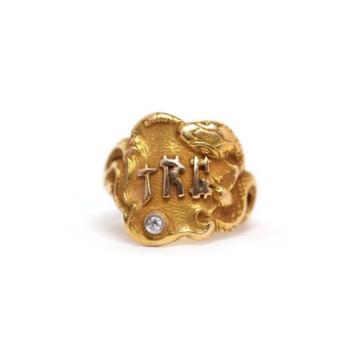 Antique Snake Design Signet Ring [1800s ~ Victorian] [Mement Mori] [14k Gold]