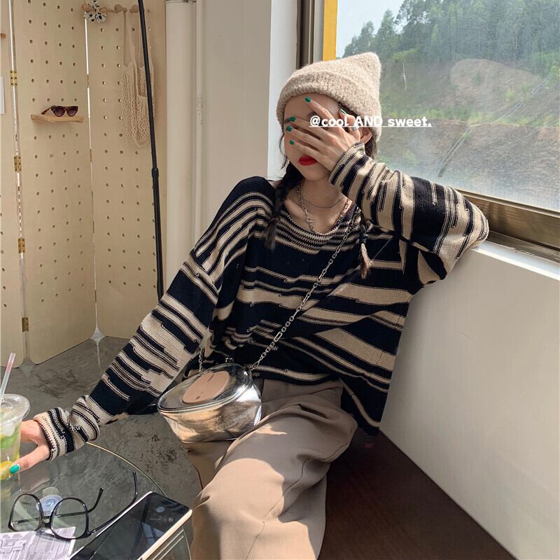 ゆったりとした怠惰なストライプのセーター女性の秋の長袖セータープルオーバージャケット2020新しいアウタートップ ブラックストロベリース4506830237