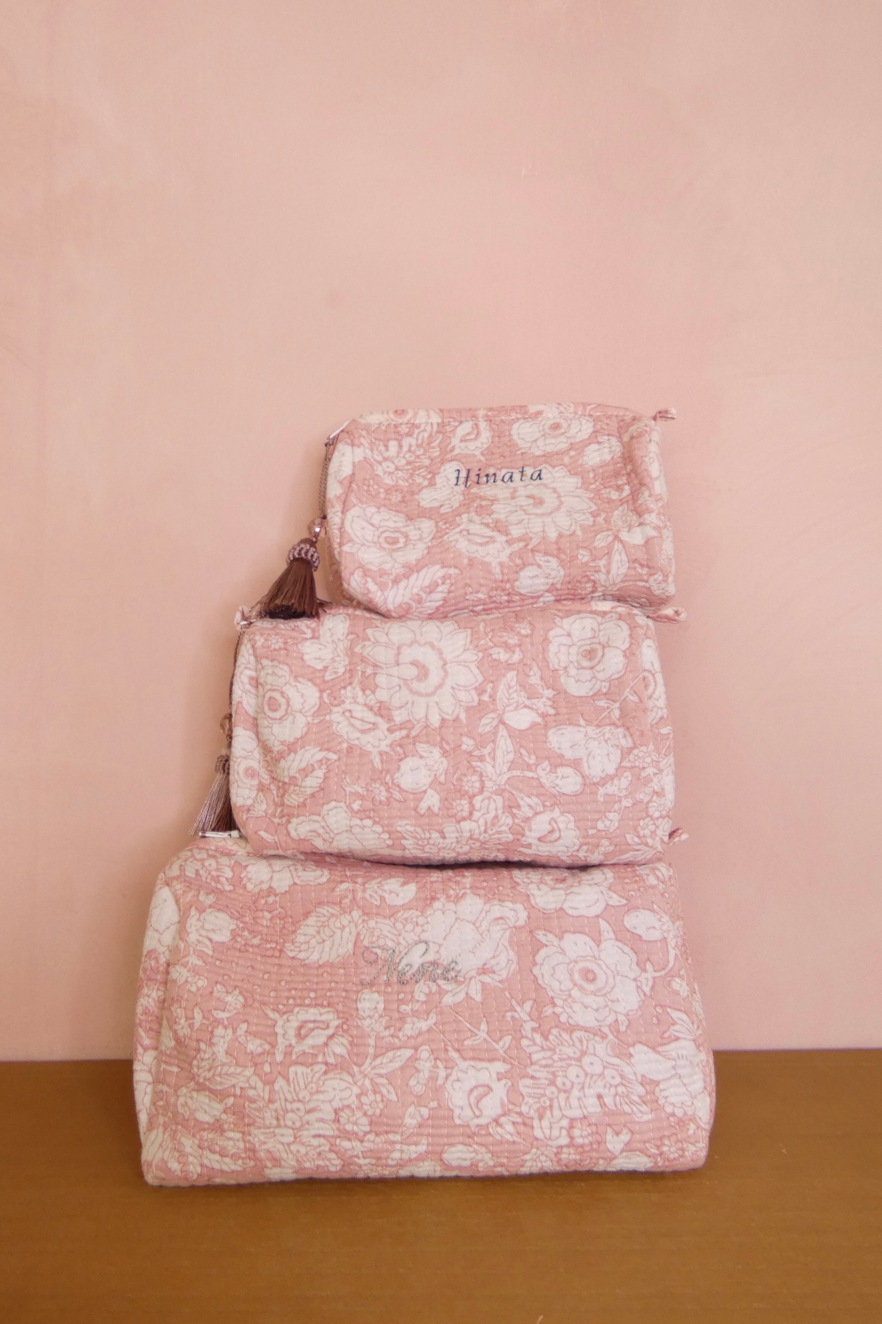 【名入れ刺繍可】Sサイズブロックプリントポーチ/ライトピンク