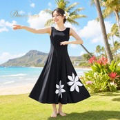フラダンス 衣装 prima boutique ワンピース ドレス ブラック系 ホワイト系 ツートンカラー モノトーン ティアレ柄 上品 きれい 高級感 かわいい 華やか 鮮やか 明るい 黒 ハワイアン アロハ ハワイアンプリント フラ ダンス レッスン 練習