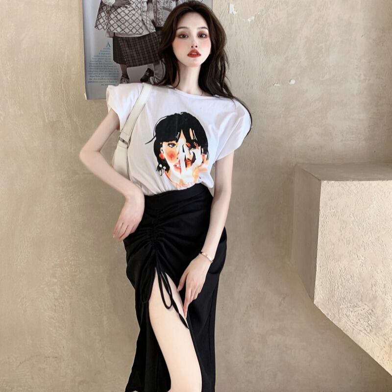 プリントルーズTシャツ ハイウェストウェストスリットスカート ハンチェンe26802462754