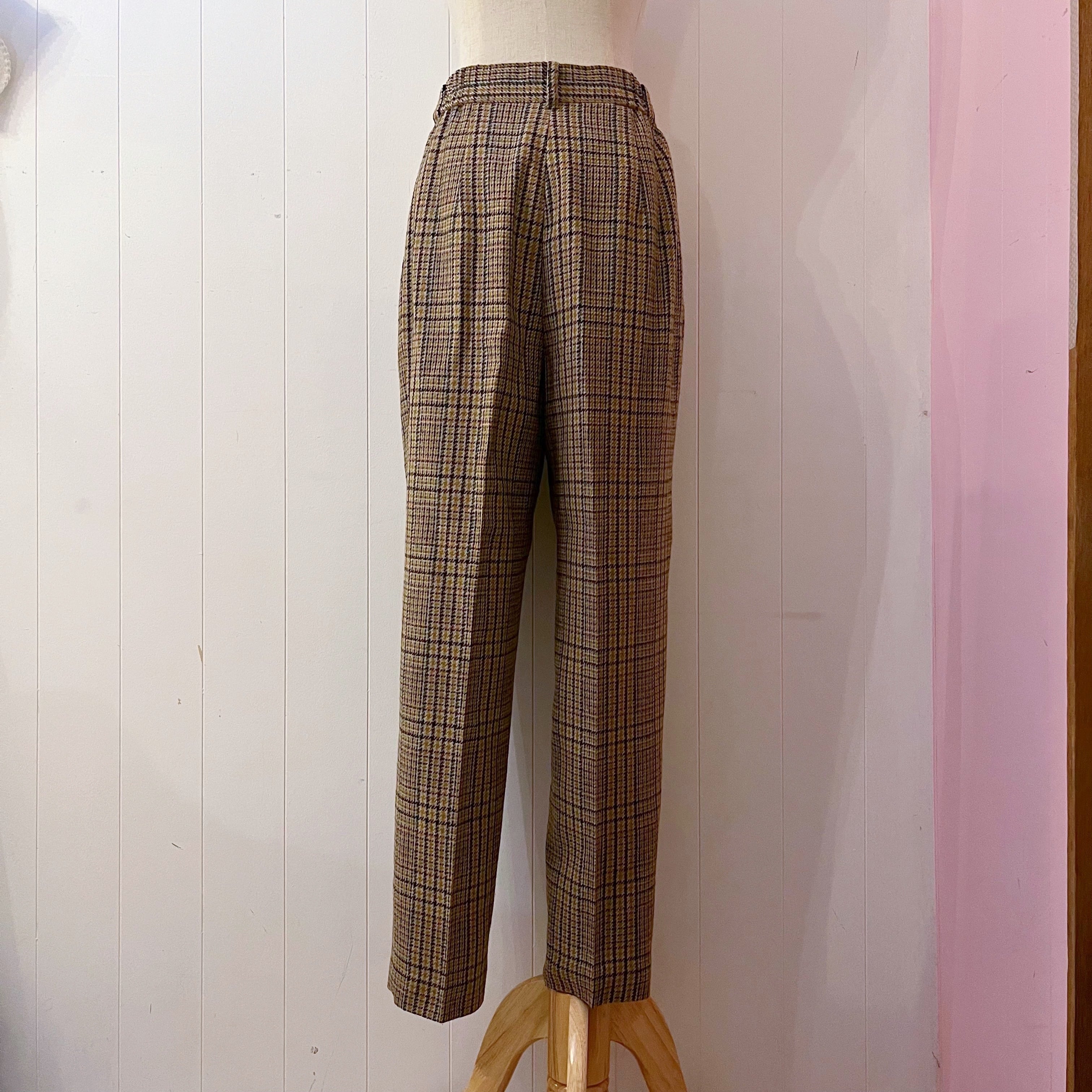 beige check wool tuck pants