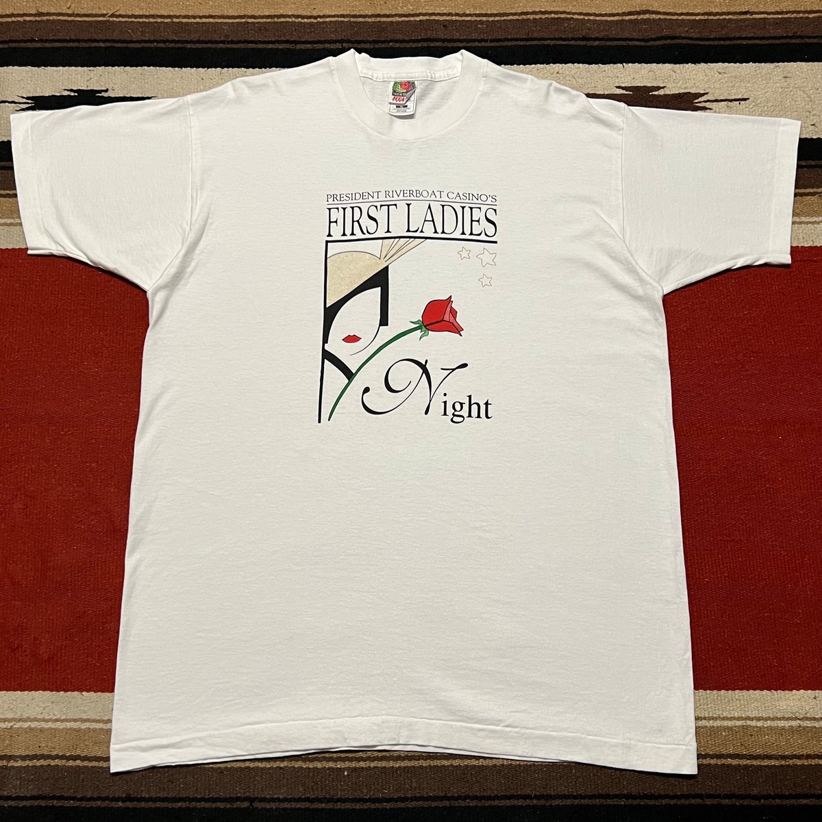 90'S Screen Stars Fruit of the Loom Print T-Shirt, Made in USA, Men's XL equivalent, Vintage cotton white type Vintage Second Hand