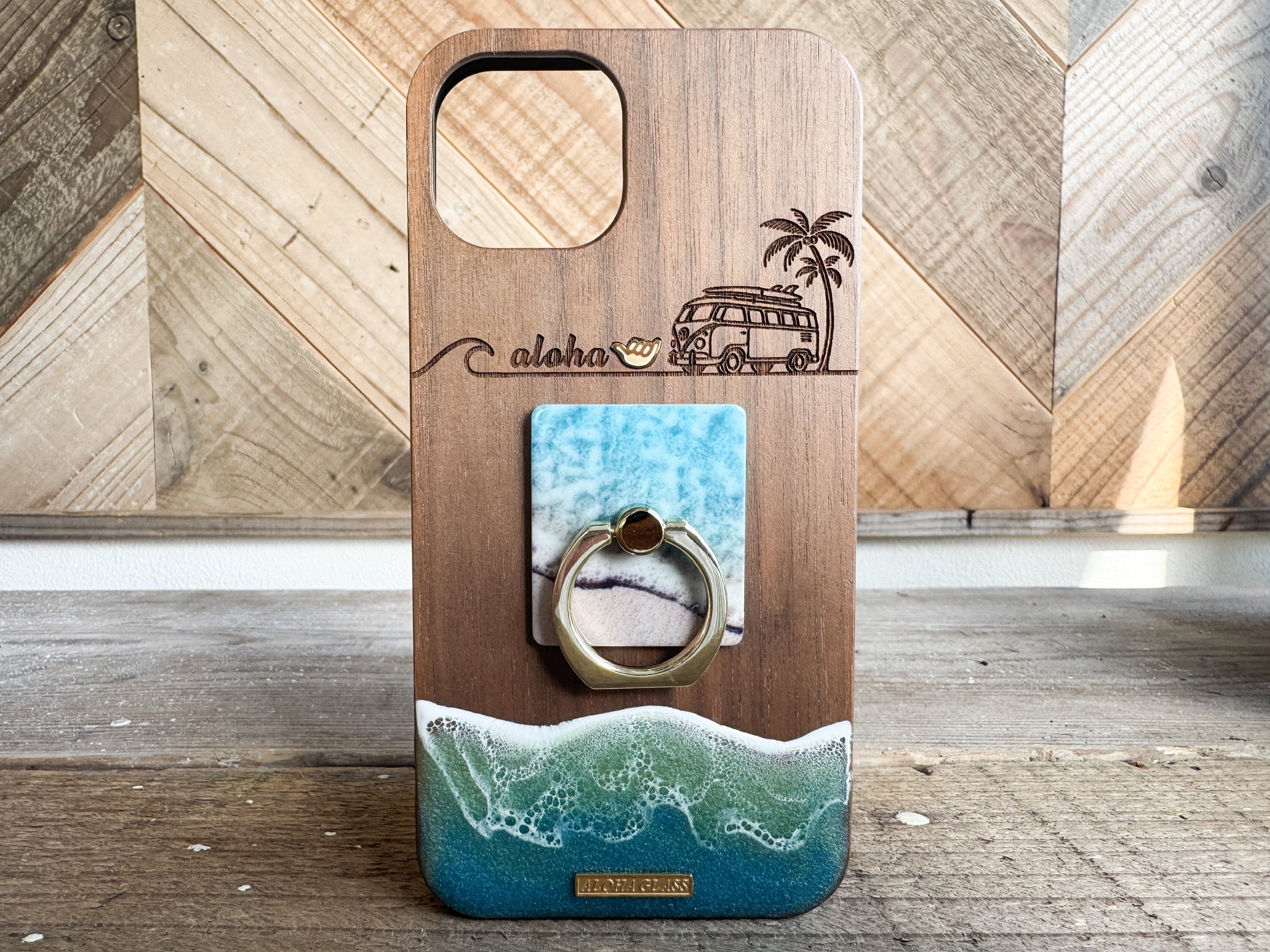 Aloha wagon ring/wood×resin earth blue wave case(walnut)