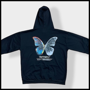 【USA古着】 BUTTERFLY バタフライ 蝶々 バックプリント ロゴ 薄手 パーカー プルオーバー スウェット フーディー hoodie XXL 黒 春物  us古着