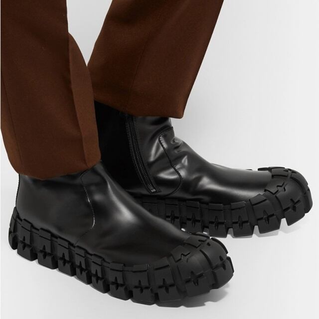 【予約販売】ブーツ レザー メンズ 艶 革靴 タイヤソール ゴツ底 厚底 靴 ブラック 黒 ハイカット お洒落 韓国 トレンド カジュアル ビンテージ風 24cm/24.5cm/25cm/25.5cm/26cm/26.5cm/27cm