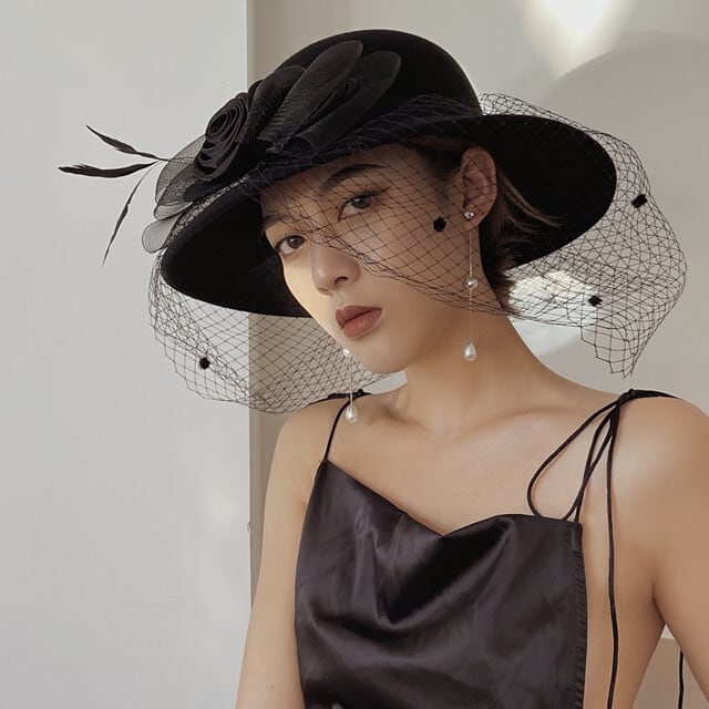 ハット レディース 帽子 女優帽 ウール レース コサージュ フェルト