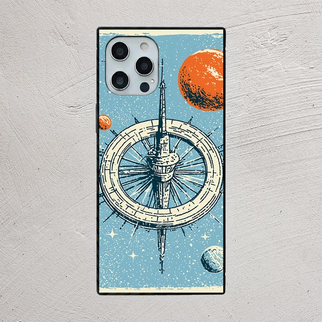 受注生産 iPhoneケース コンパスと惑星のレトロ宇宙柄｜宇宙ポスター風 RFSP051C