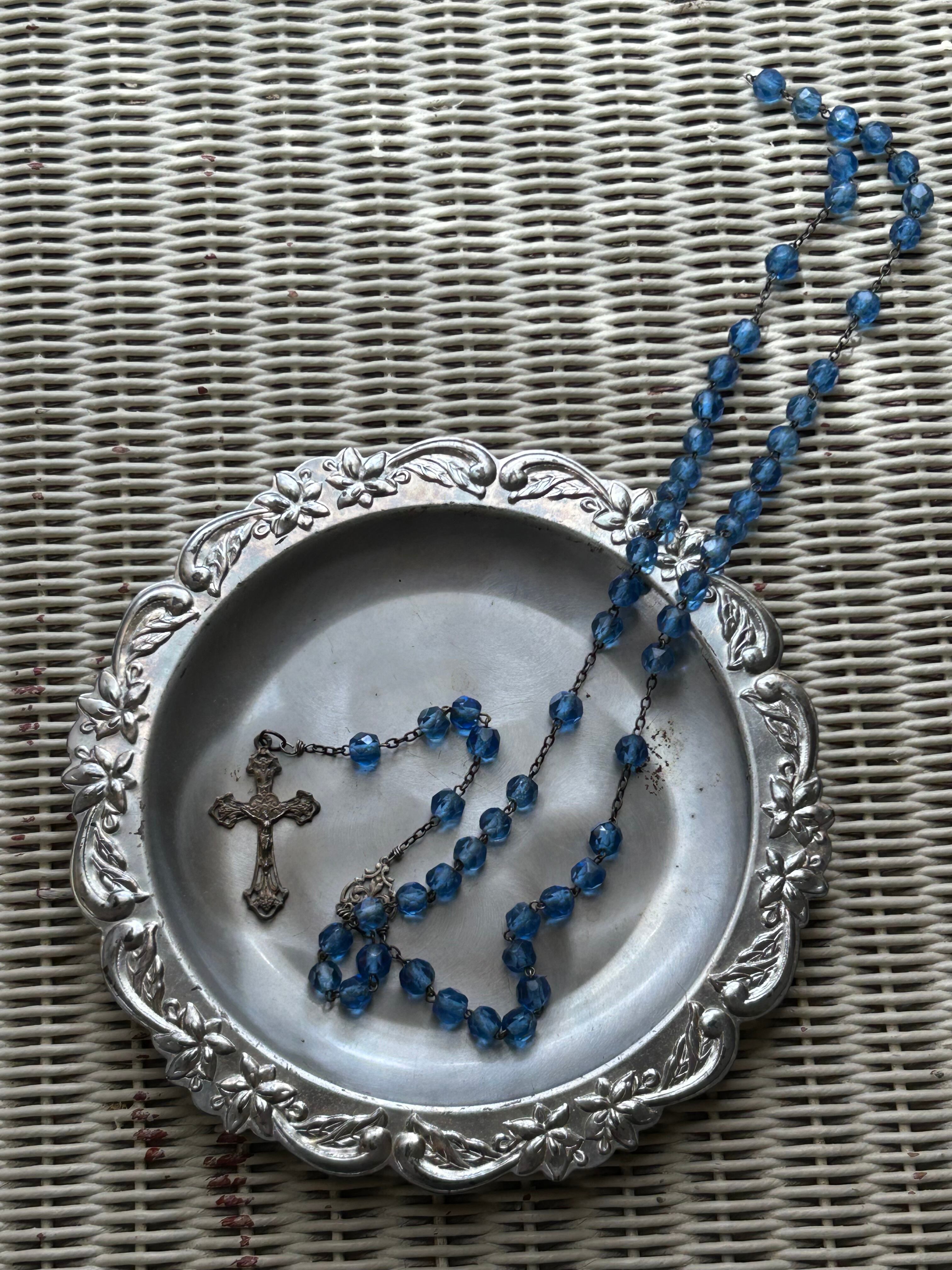 フランスアンティーク ブルーカットガラス珠 ロザリオ 聖品 キリスト アクセサリー パーツ 店舗什器