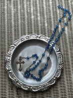 フランスアンティーク ブルーカットガラス珠 ロザリオ 聖品 キリスト アクセサリー パーツ 店舗什器