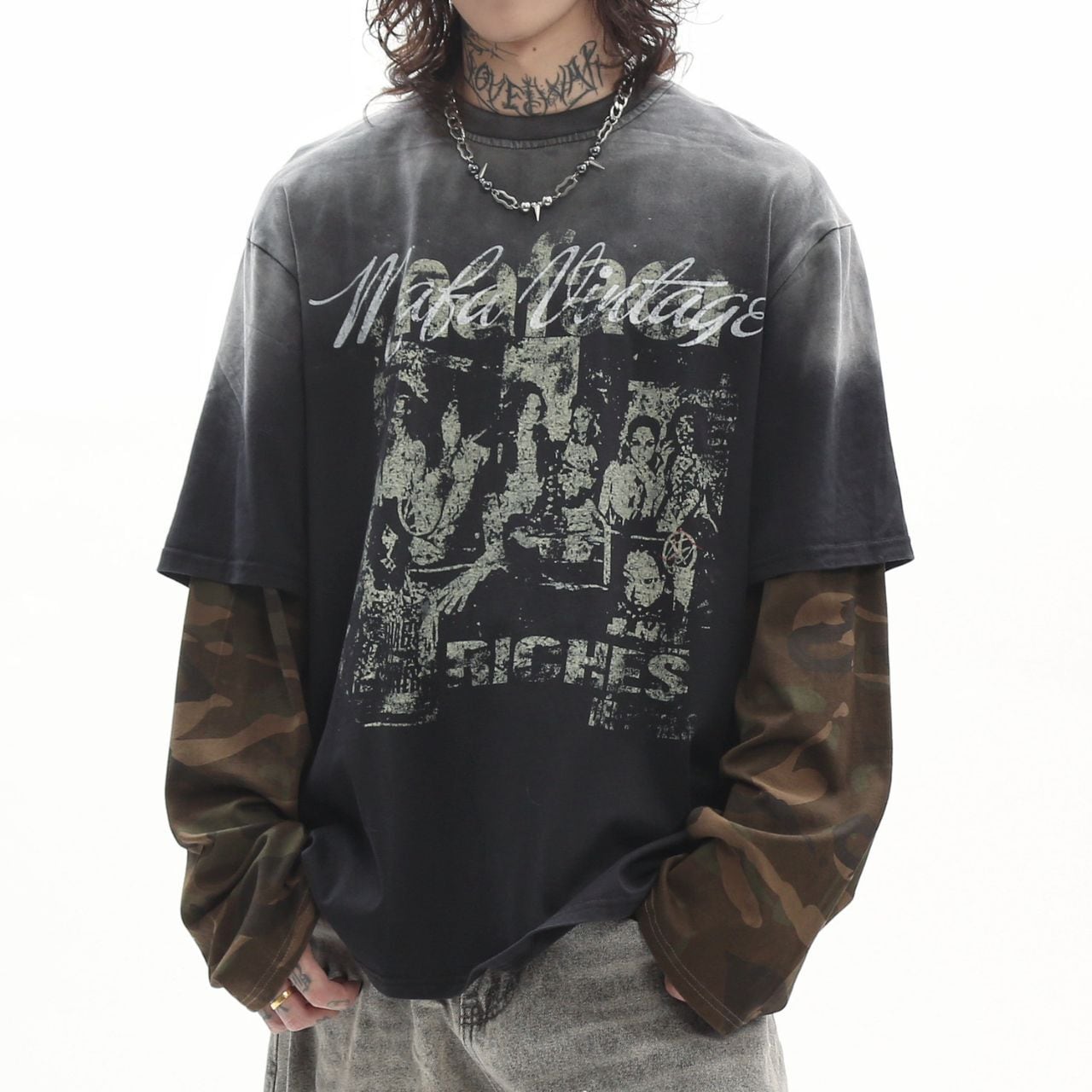 カモフラスリーブフェイクレイヤードフェードTシャツ 1col A00397