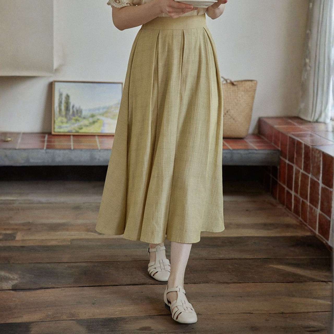 Mélange Lin Drape A-Line Skirt F0677