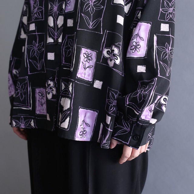 square in flower art pattern open collar shirt