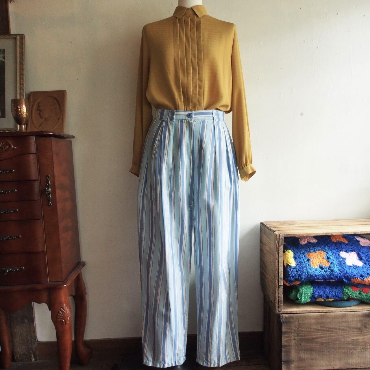 スイス製ブルーのストライプパンツ/Euro vintage stripe pants