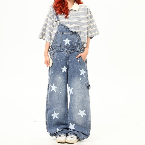 スターペイントストーンワイドデニムサロペット   R00637