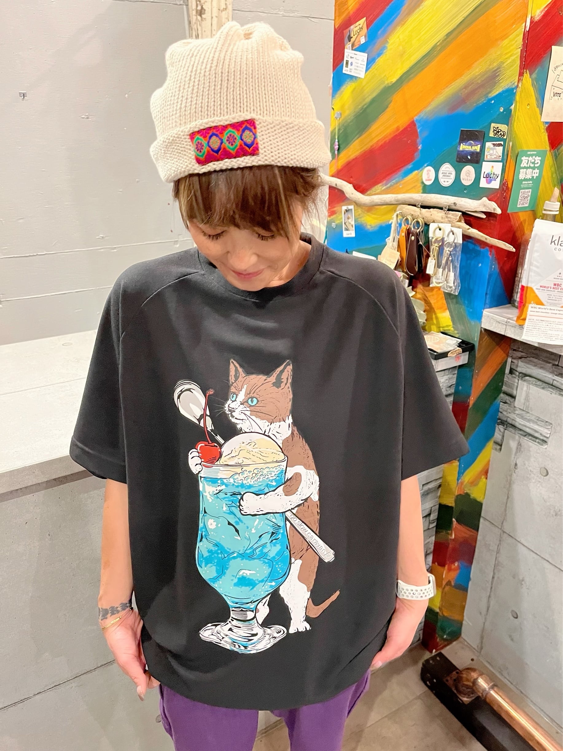 go slowcaravan】Drymix鹿の子 クリームソーダ猫ラグランTEE | shop Luchy