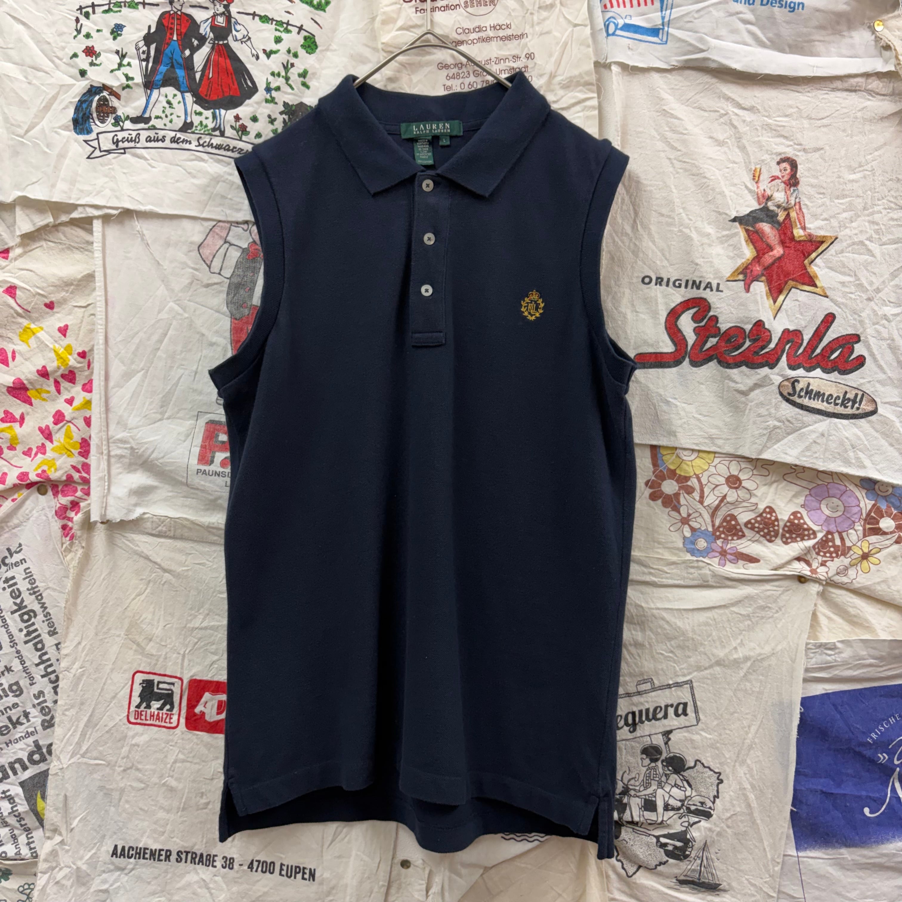 45rpmレディースノースリーブポロシャツ ネイビー ロゴ刺繍 LAUREN RALPH LAUREN ロゴ刺繍ノースリーブポロシャツ | 古着屋PENNY