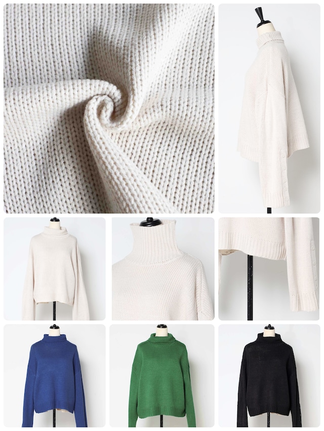 袖ボタン開きタートルネックニット
