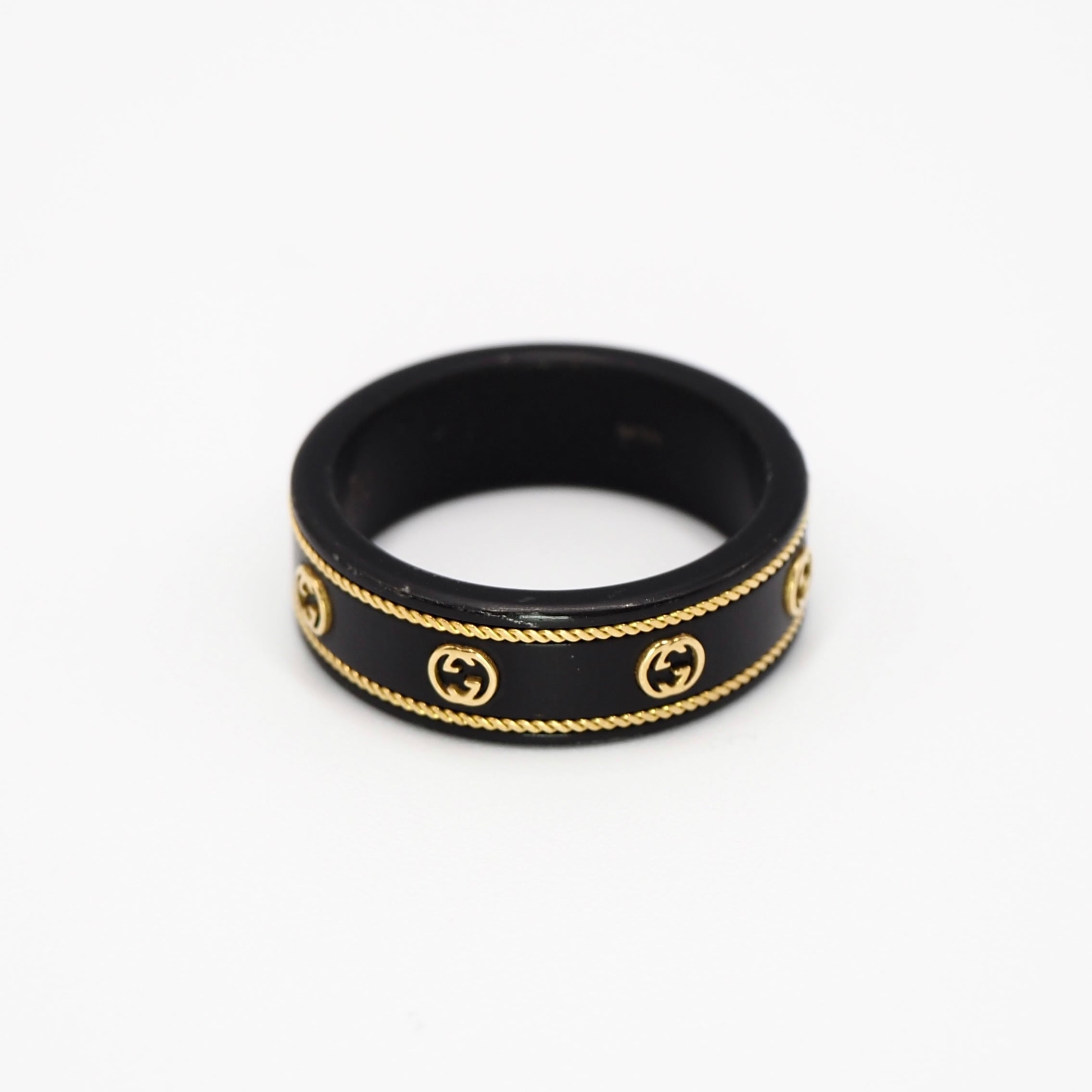 GUCCI ロゴ入り黒リング 現行品】GUCCI 約18号 インターロッキングG 18K リング ブラック