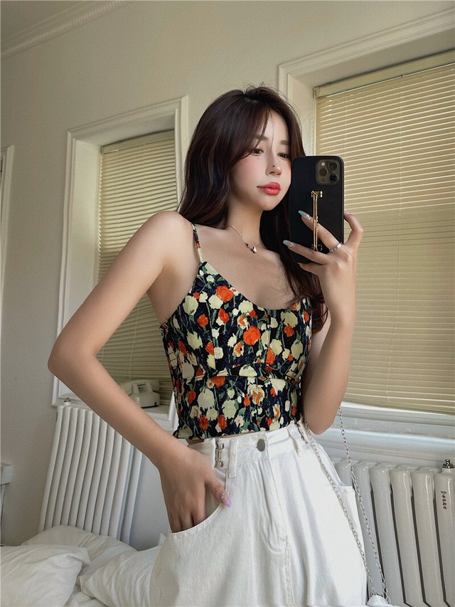 スタンダードフローラルサマーショートシャツ トップス レトロ 夏物 花柄 ブラックストロベリース66977733614