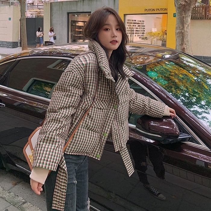 レトロ カジュアル チェック柄 ハイネック ダウンジャケット コート  