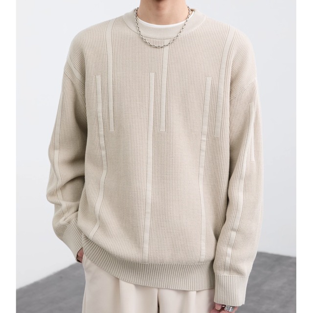 縦ラインデザイン クルーネック 長袖ニットセーター af0349