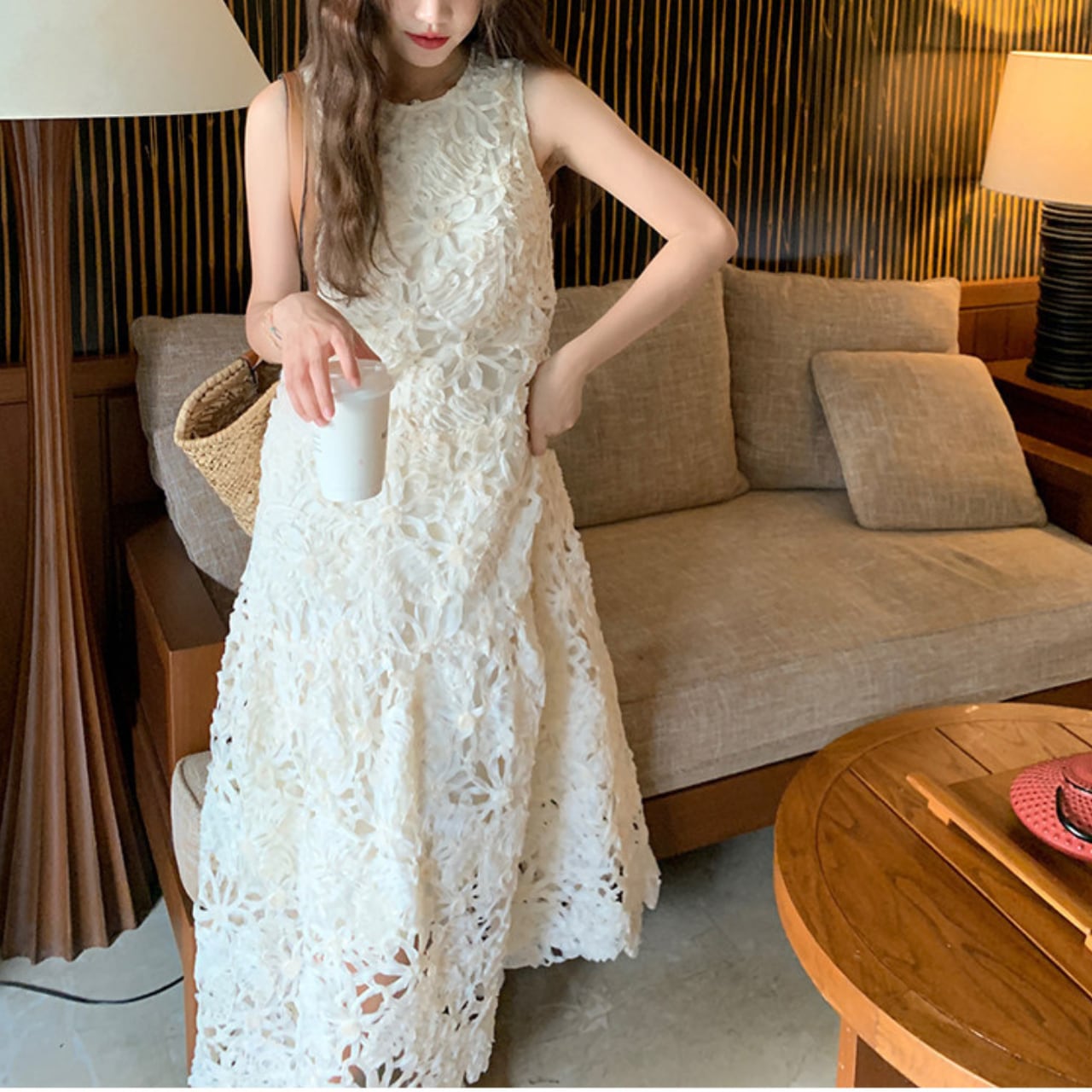 フラワーカットワーク レースロングワンピース 3412902