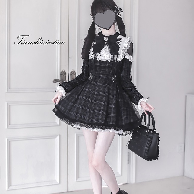 量産型 ワンピース チェック柄 レースアップ 胡桃木 推し活 デートコーデ