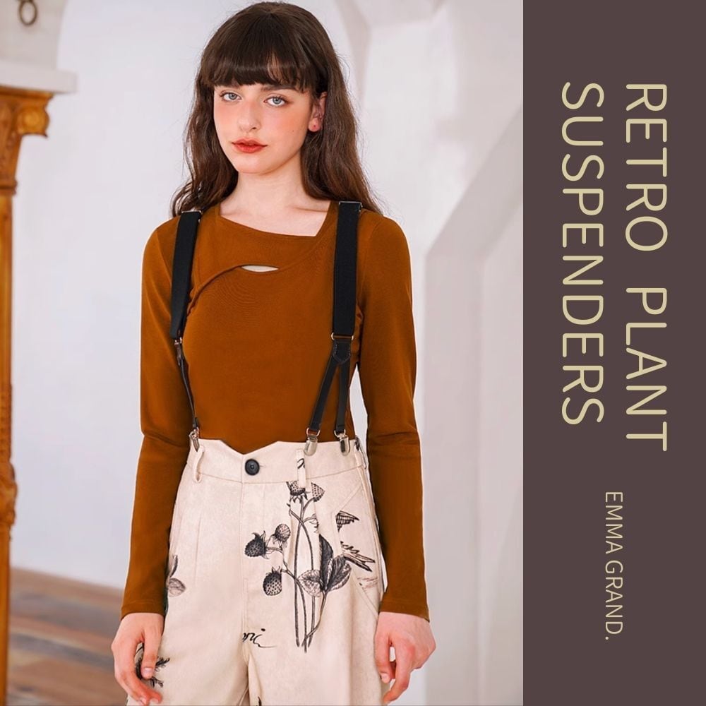 レトロな植物イラストサスペンダーパンツ E00468 | EMMA GRAND